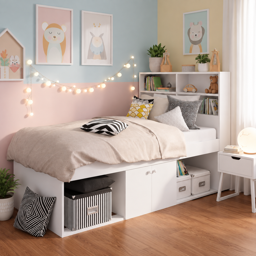 Cool Kid Single Bed (Low) with Headboard and Storage - Pure White