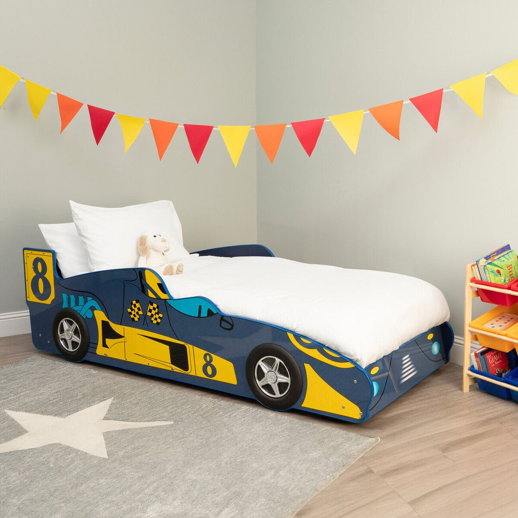 Blue kids racing car bed with yellow graphics and high sides