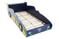 Rear storage shelf on the blue kids racing car bed