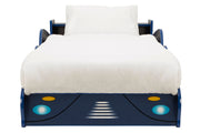 Blue and yellow racing car bed for a child's bedroom
