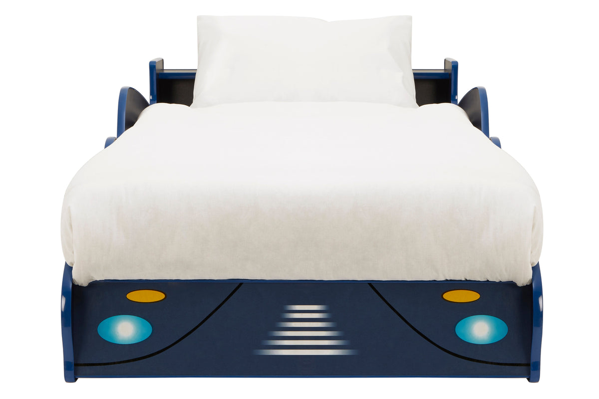 Blue and yellow racing car bed for a child's bedroom