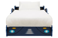 Blue and yellow racing car bed for a child's bedroom