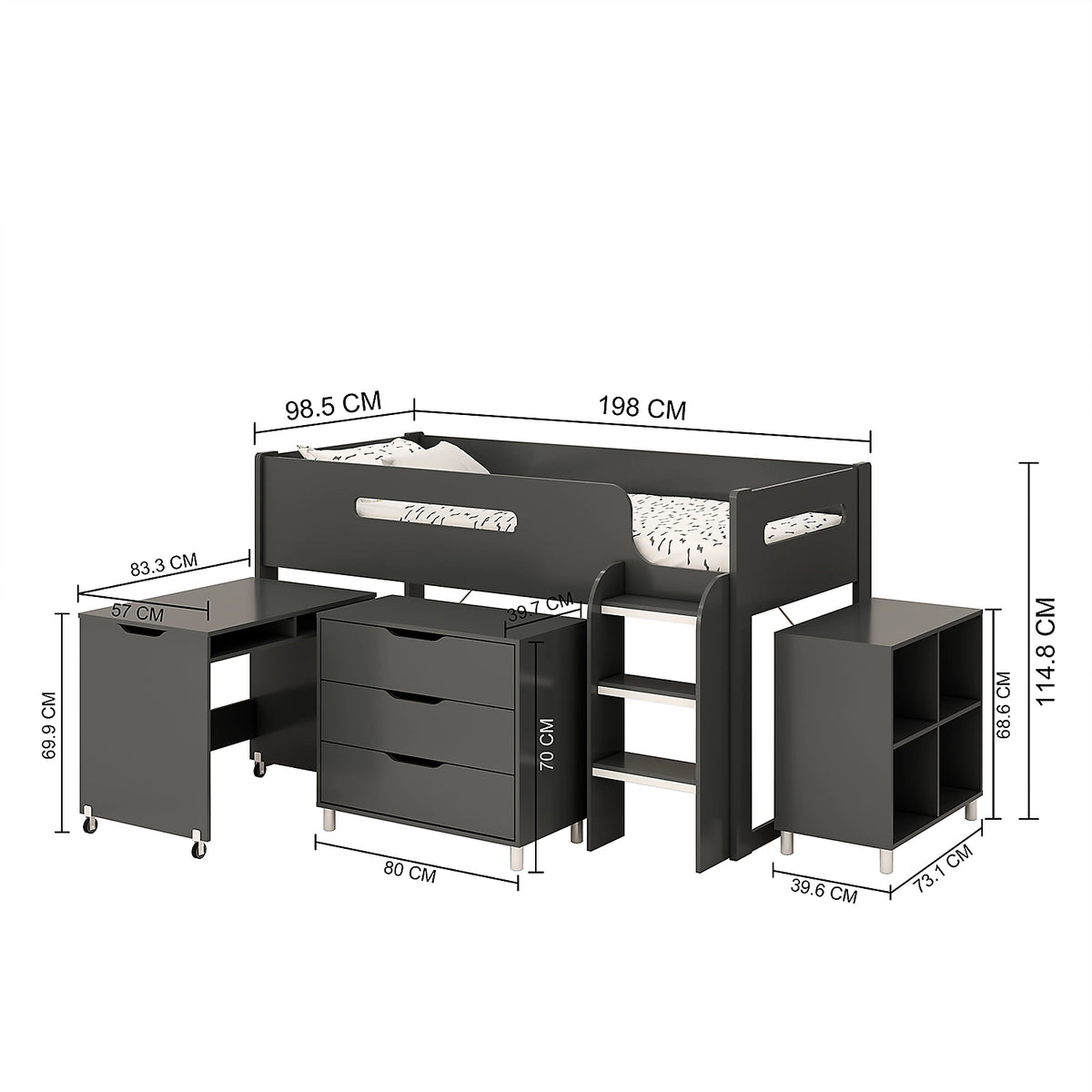 Anthracite Kids Mid Sleeper Bed with Desk and Storage - Kidsaw
